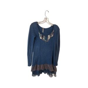 Free People Women's Tunic‎ Dress Blue Embellished Long Sleeve Size Sm/p